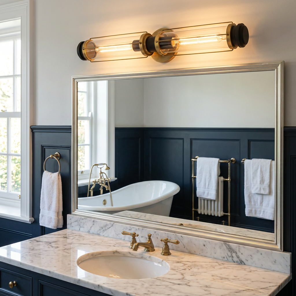 Double brass and black industrial-style wall light above a silver mirror in a navy blue and marble bathroom.