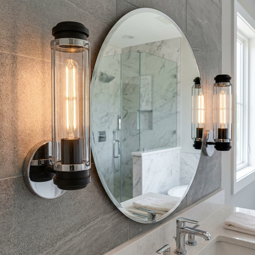 Masthead polished chrome and black wall light with a filament bulb on a grey tiled bathroom wall beside an oval mirror.