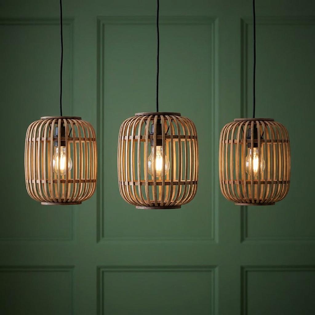 Three natural bamboo cage pendant lights with warm bulbs hanging against a green wood paneled wall.