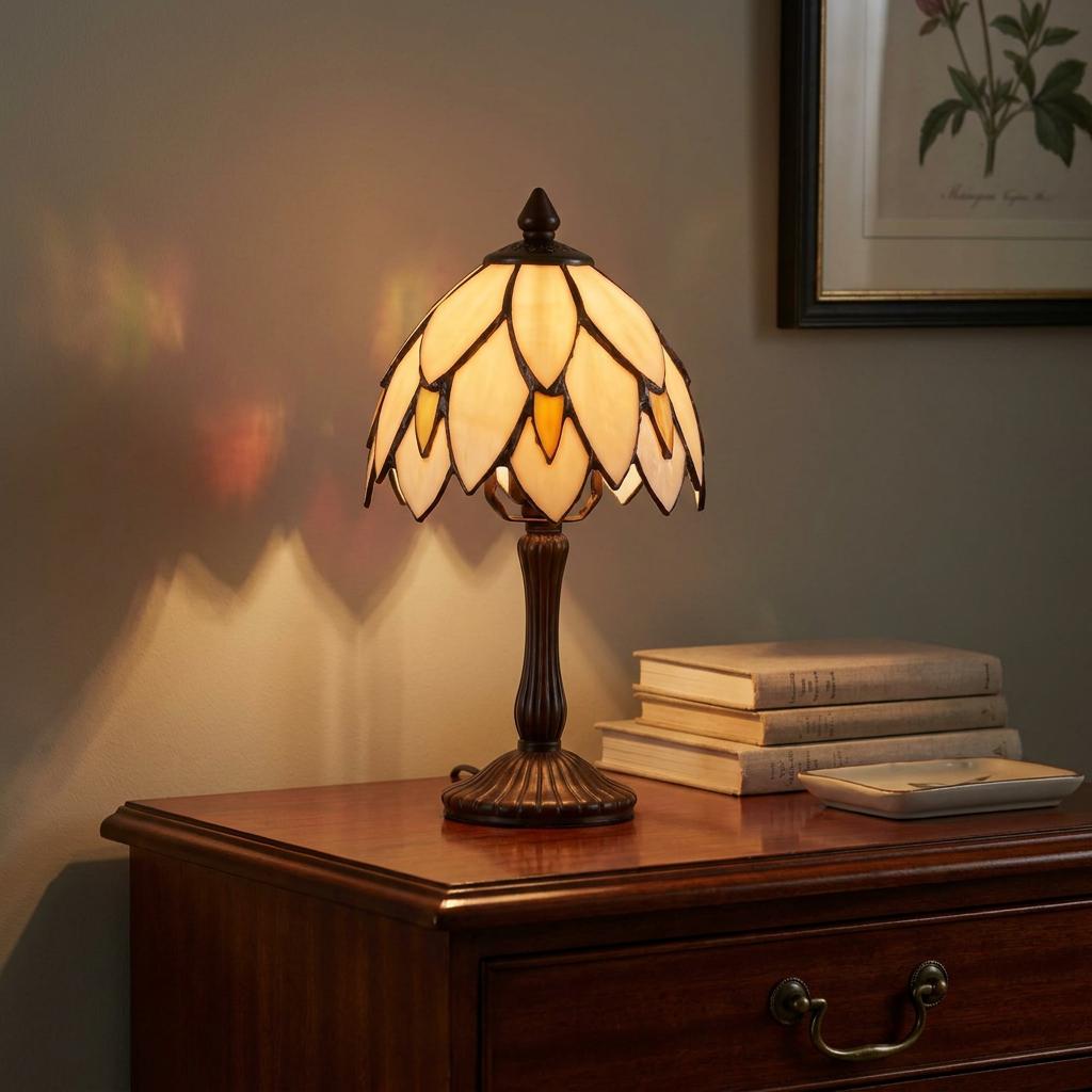 Mayflower Tiffany Bedside Lamp with cream petal glass shade on a dark wooden dresser, casting warm light.