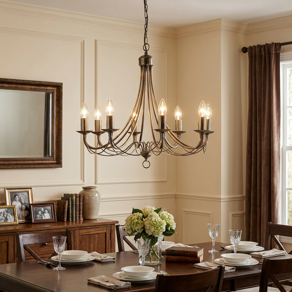 An eight-light antique brass chandelier with curved arms hanging over a set dining room table.