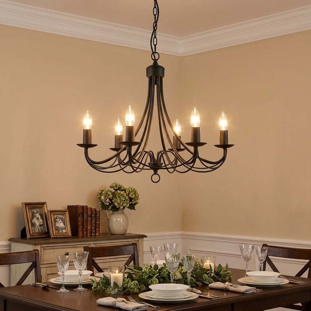 Eight-light matt black wrought iron chandelier over a set dining table in a warm, elegantly decorated room.
