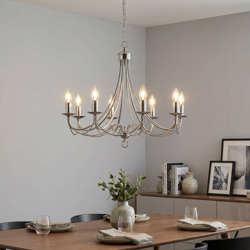 Eight light satin silver chandelier with curved arms hanging above a set wooden dining table in a modern room.