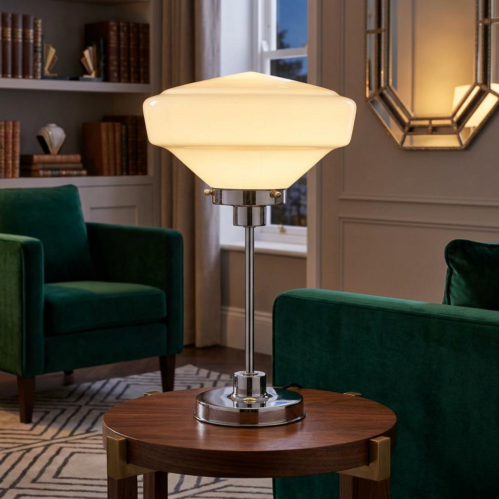 Art Deco chrome table lamp with an opalescent glass shade on a wooden side table in a stylish living room.