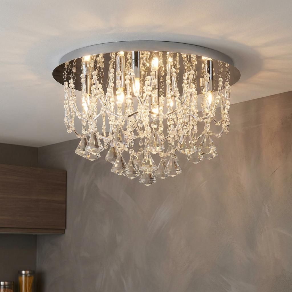 Mela 6 Light Chrome & Crystal Pyramid Flush Ceiling Light-OB-180926