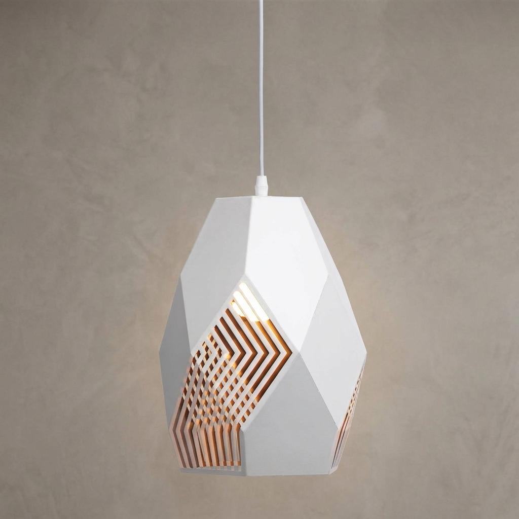 Large Melfi white laser-cut geometric pendant light with gold inner, hanging against a neutral textured wall.