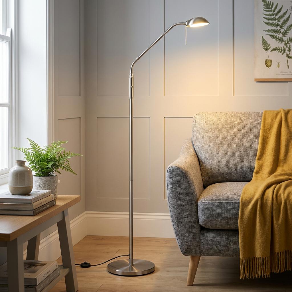 A slim, antique chrome floor reading lamp with a curved arm illuminating a cozy living room chair.