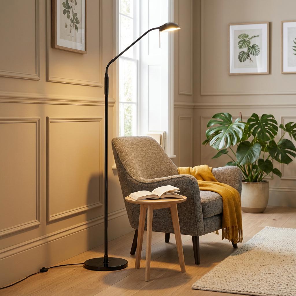Metis black floor reading lamp with a curved neck illuminating a grey armchair in a cozy living room.