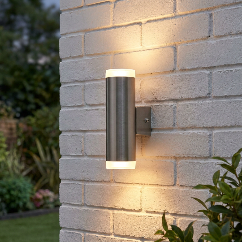 Satin silver cylindrical up/down wall light mounted on a white brick exterior wall, casting warm light.