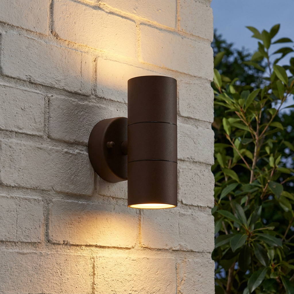 Metro LED rust brown outdoor up and down wall light mounted on a white brick wall at night.