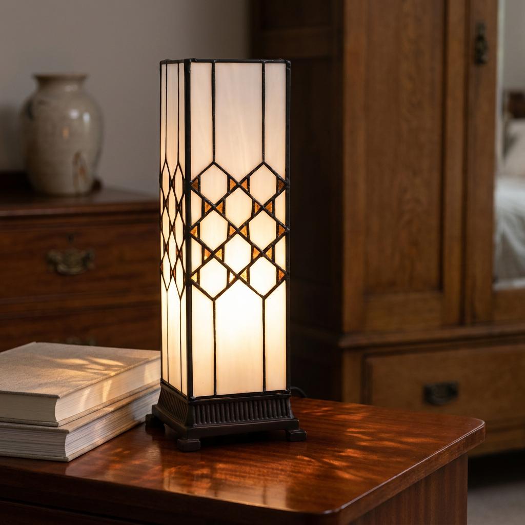 Art Deco-style rectangular Tiffany lamp with cream and amber glass glowing on a wooden bedside table.