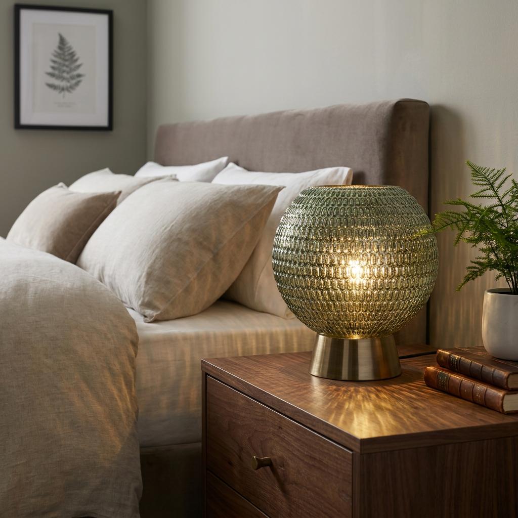 Mila brass and green textured glass globe table lamp glowing on a wooden bedside table in a neutral bedroom.