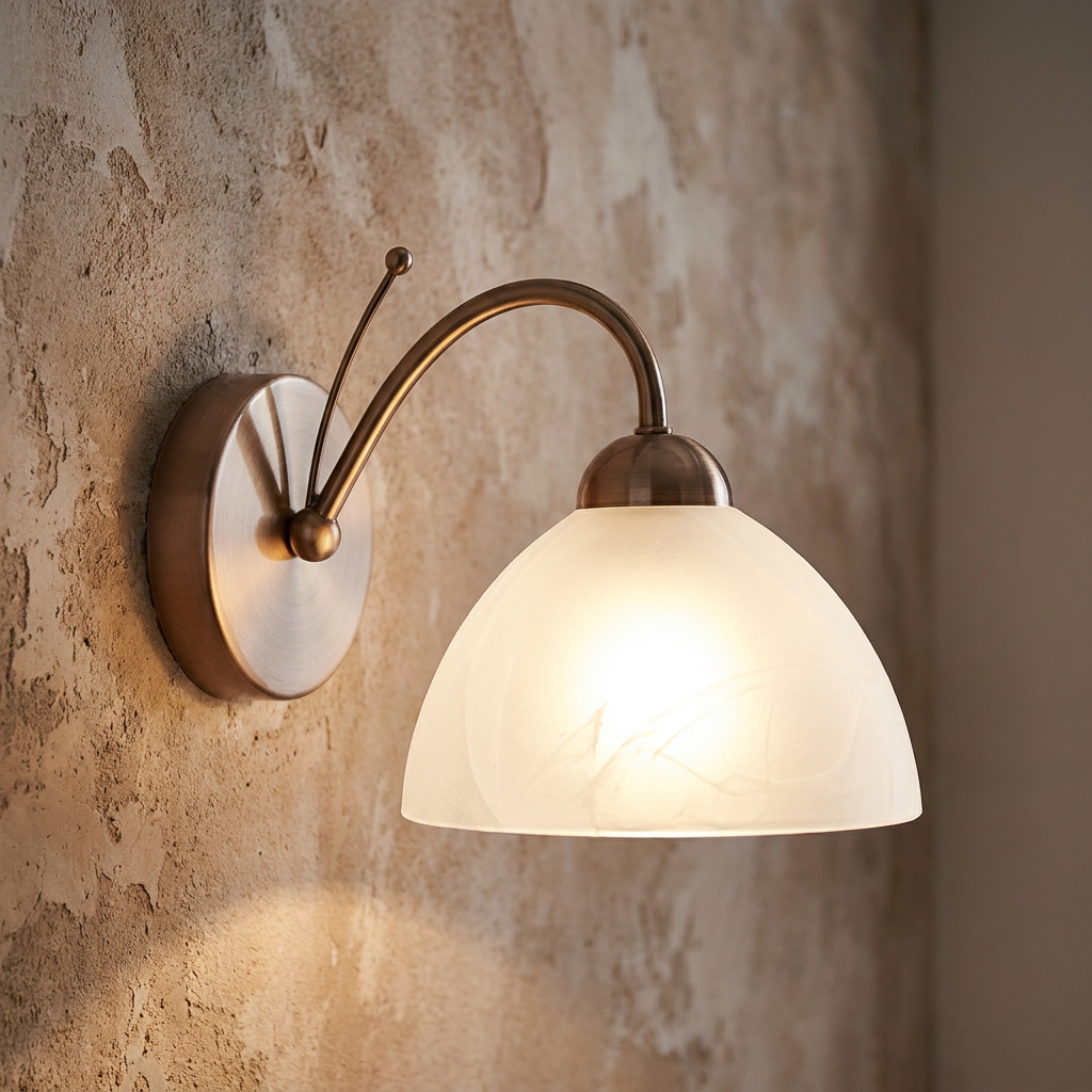 Milanese brass wall light with a frosted alabaster glass shade mounted on a textured wall.