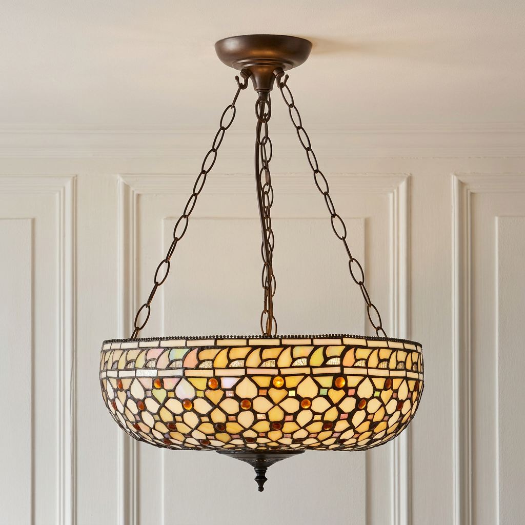 Mille Feux inverted Tiffany ceiling light with a glowing stained glass pattern suspended by bronze chains.