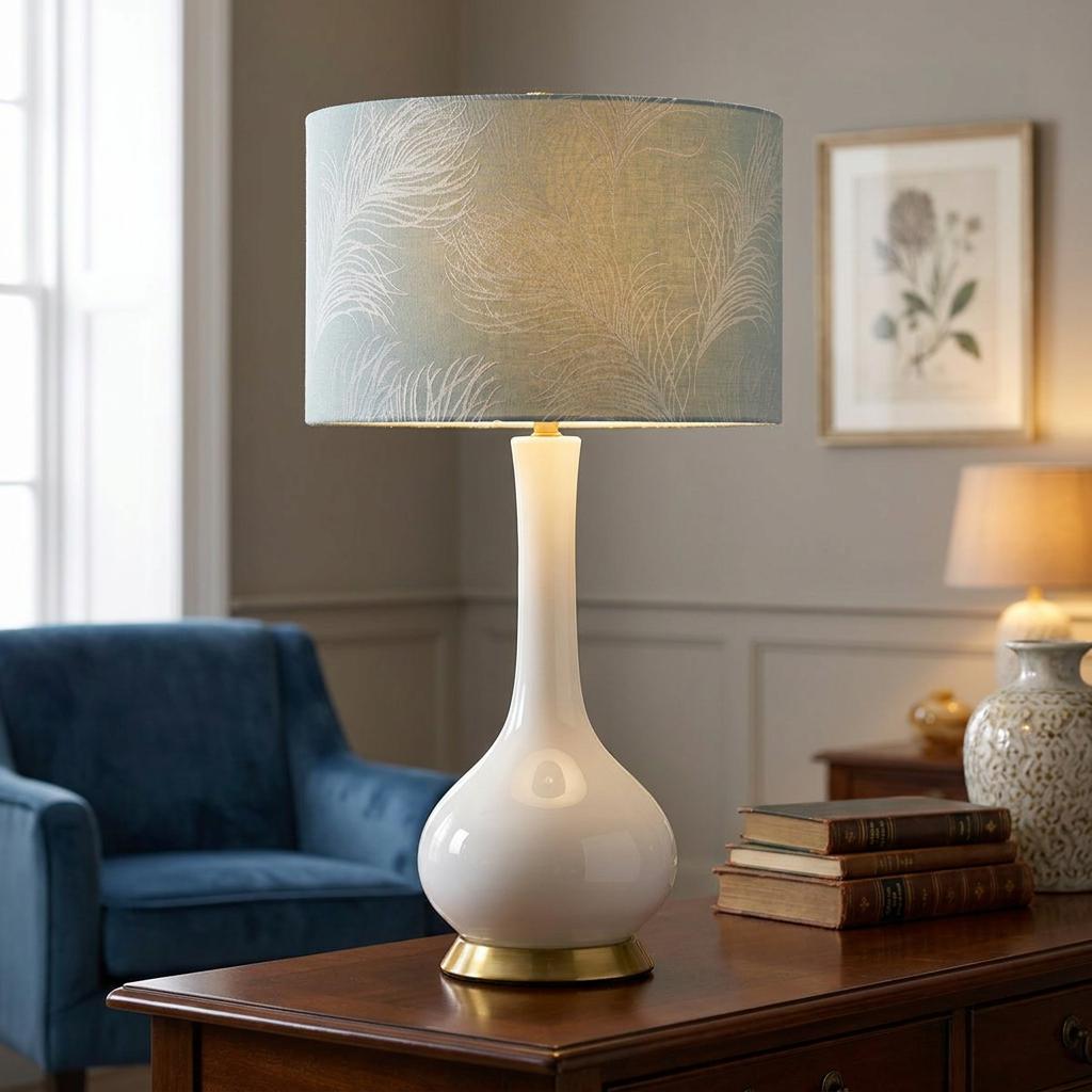 Milo white ceramic table lamp with a blue feather-patterned drum shade on a wooden desk in a living room.