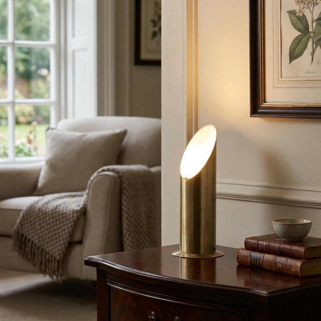 Mini antique brass cylindrical uplighter glowing on a wooden side table in a cozy living room.