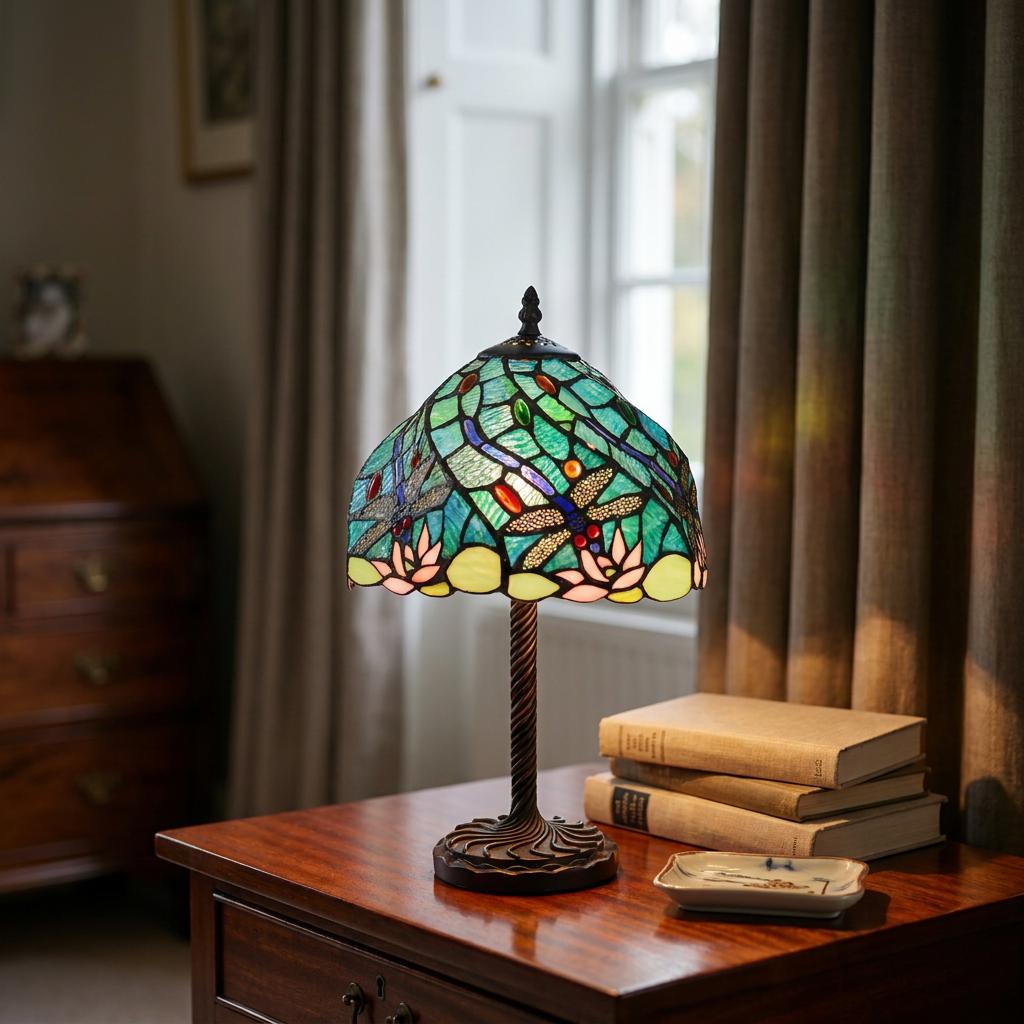 Lit dragonfly Tiffany table lamp with a blue and green stained glass shade on a wooden desk beside books.