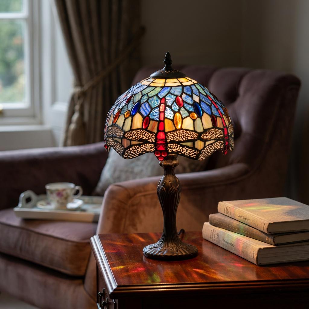 Blue and red dragonfly Tiffany-style table lamp glowing on a wooden table beside books.