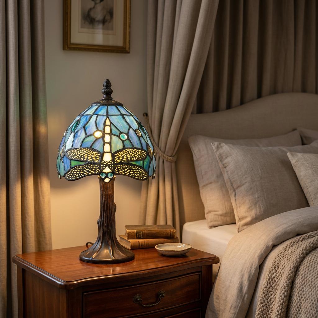 Stained glass dragonfly lamp glowing on a wooden nightstand in a neutrally decorated bedroom.