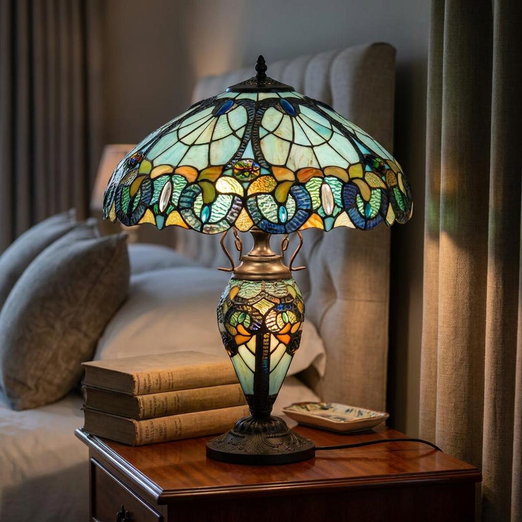 Illuminated Minster Copeland Double Tiffany Table Lamp with blue stained glass on a wooden bedroom nightstand.