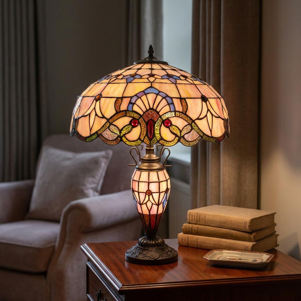 Glowing Tiffany table lamp with an intricate stained glass shade and base on a wooden table in a cozy room.