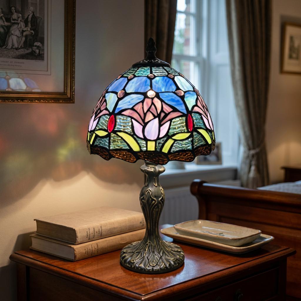 Minster Dunshill Tiffany table lamp with a floral stained glass shade glowing on a wooden bedside table.