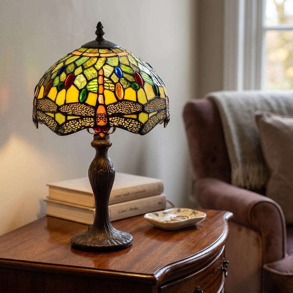 Dragonfly Tiffany table lamp with green stained glass shade glowing on a dark wood side table next to books.