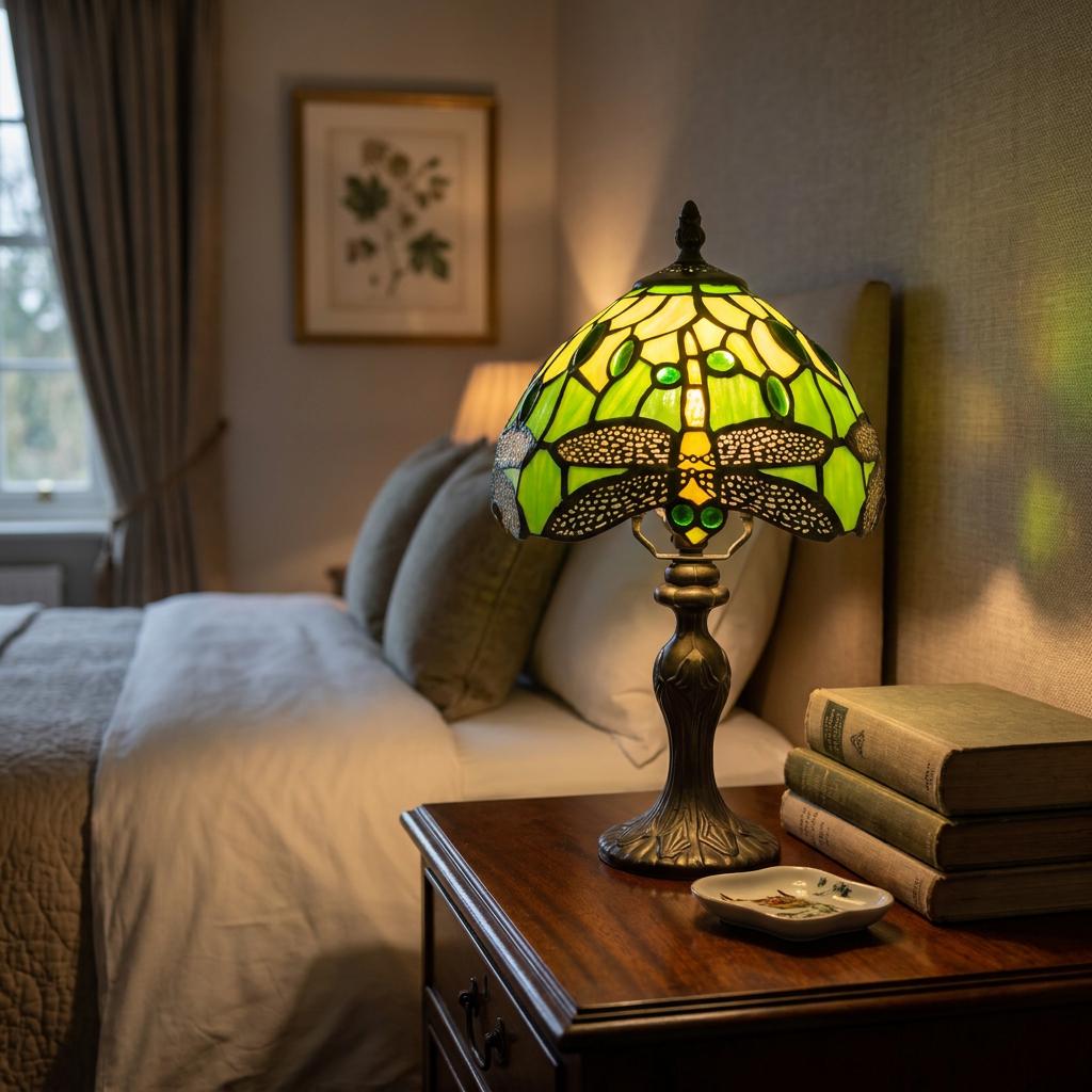 Green Tiffany dragonfly lamp with an illuminated stained glass shade on a dark wood bedside table.