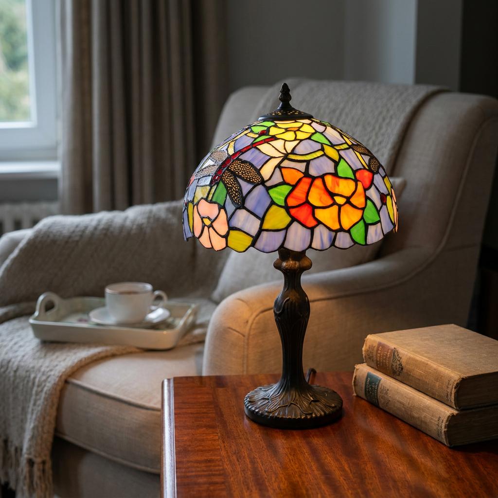 Tiffany-style dragonfly table lamp on a wooden side table next to books in a cozy living room setting.