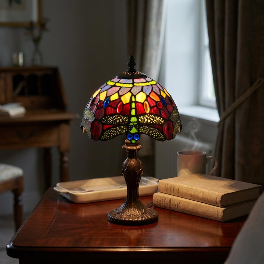 Minster Red Dragonfly Tiffany lamp on a wooden table beside books and a steaming mug in a softly lit interior.