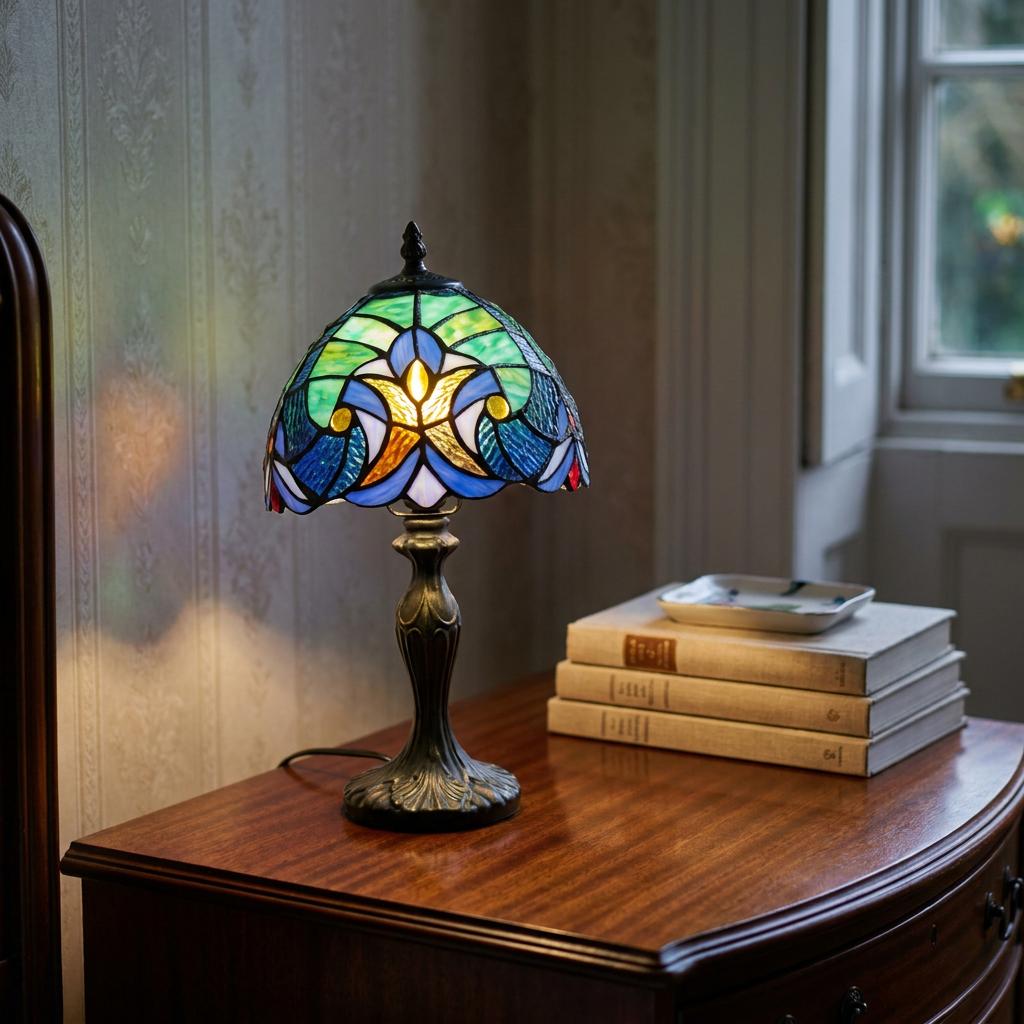 Minster Ripple Tiffany table lamp with blue and green stained glass glowing on a wooden bedside table.