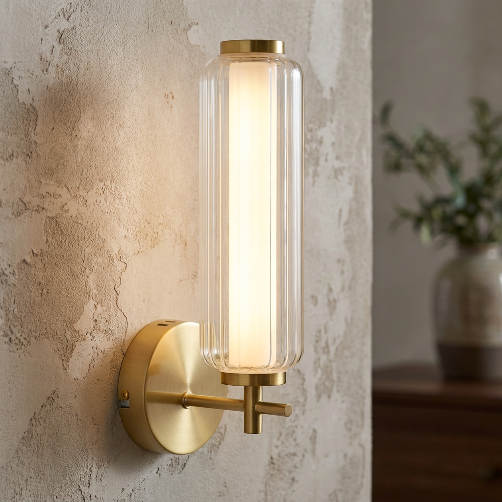 Satin brass wall light with a ribbed glass cylindrical shade glowing on a textured beige wall.