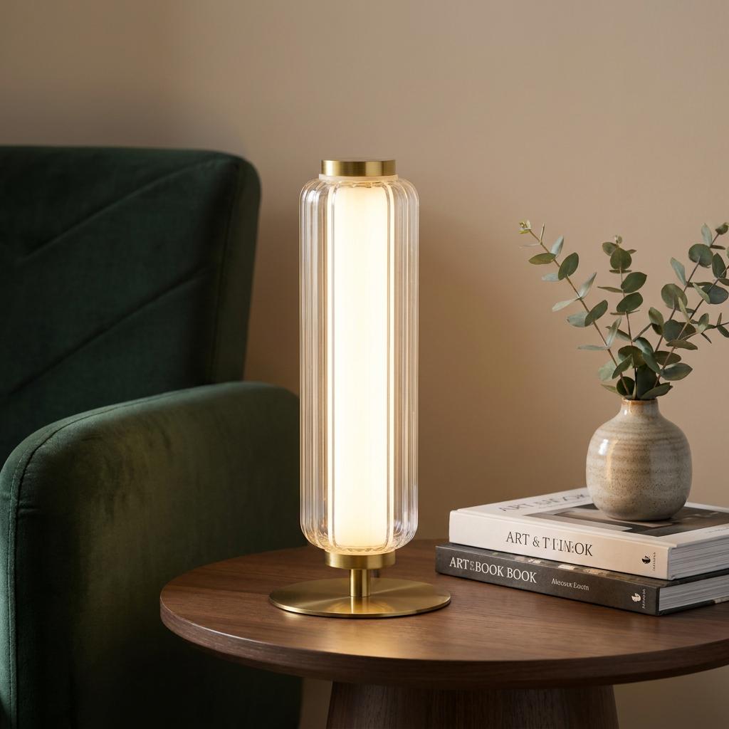 Satin brass table lamp with a fluted glass shade glows on a wooden table beside a green armchair.