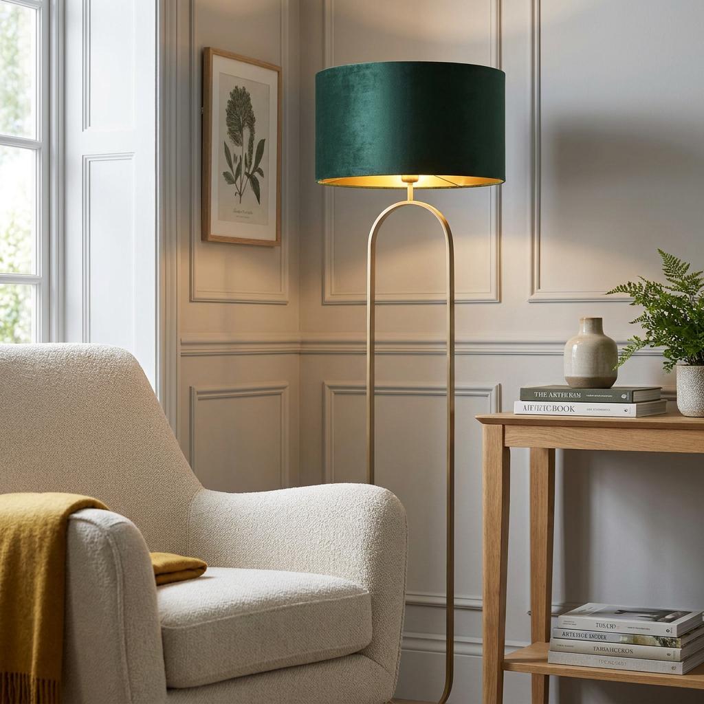 Bronze floor lamp with a green velvet shade illuminates a cozy corner with a cream armchair and wood side table.