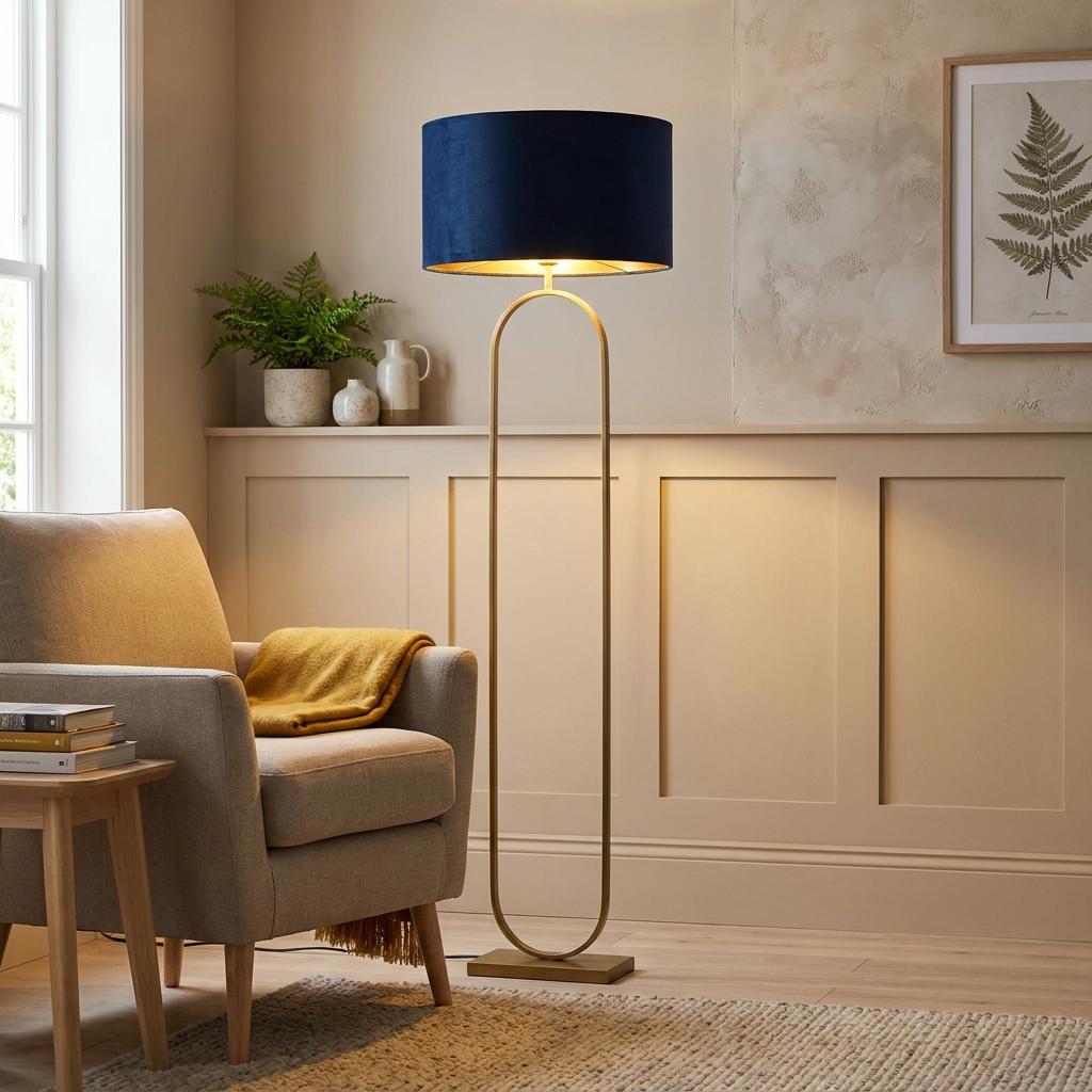 Bronze metal floor lamp with a navy velvet shade next to a beige armchair in a cozy living room.