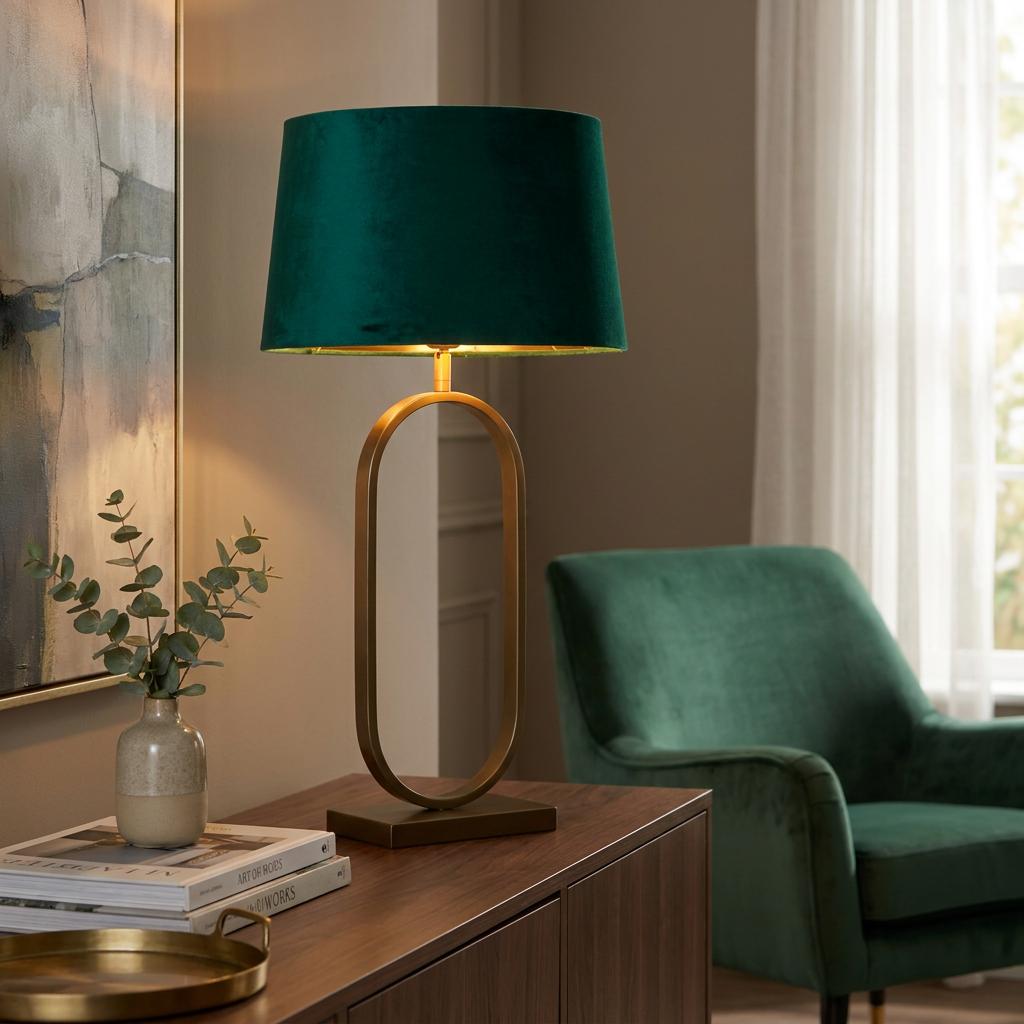 A bronze table lamp with an oval base and emerald green velvet shade sits on a wooden sideboard in a living room.