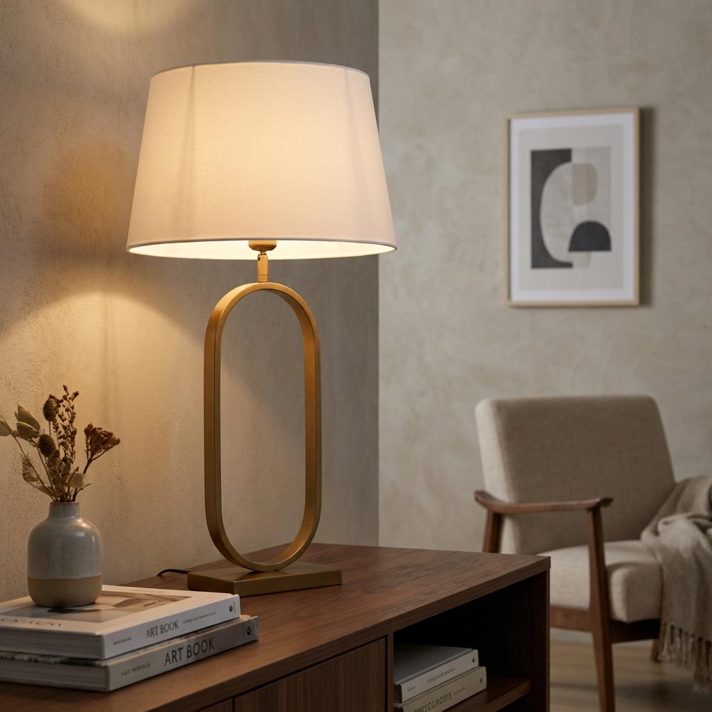 Modish bronze table lamp with a white tapered cotton shade illuminating a cozy living room setting.