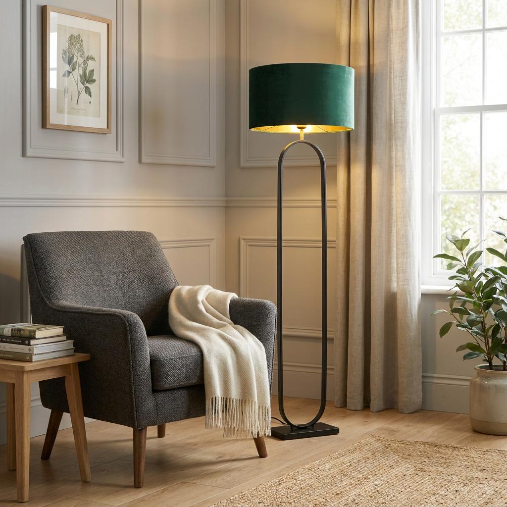 Matt black floor lamp with a green velvet shade beside a grey armchair in a cozy, modern living room corner.