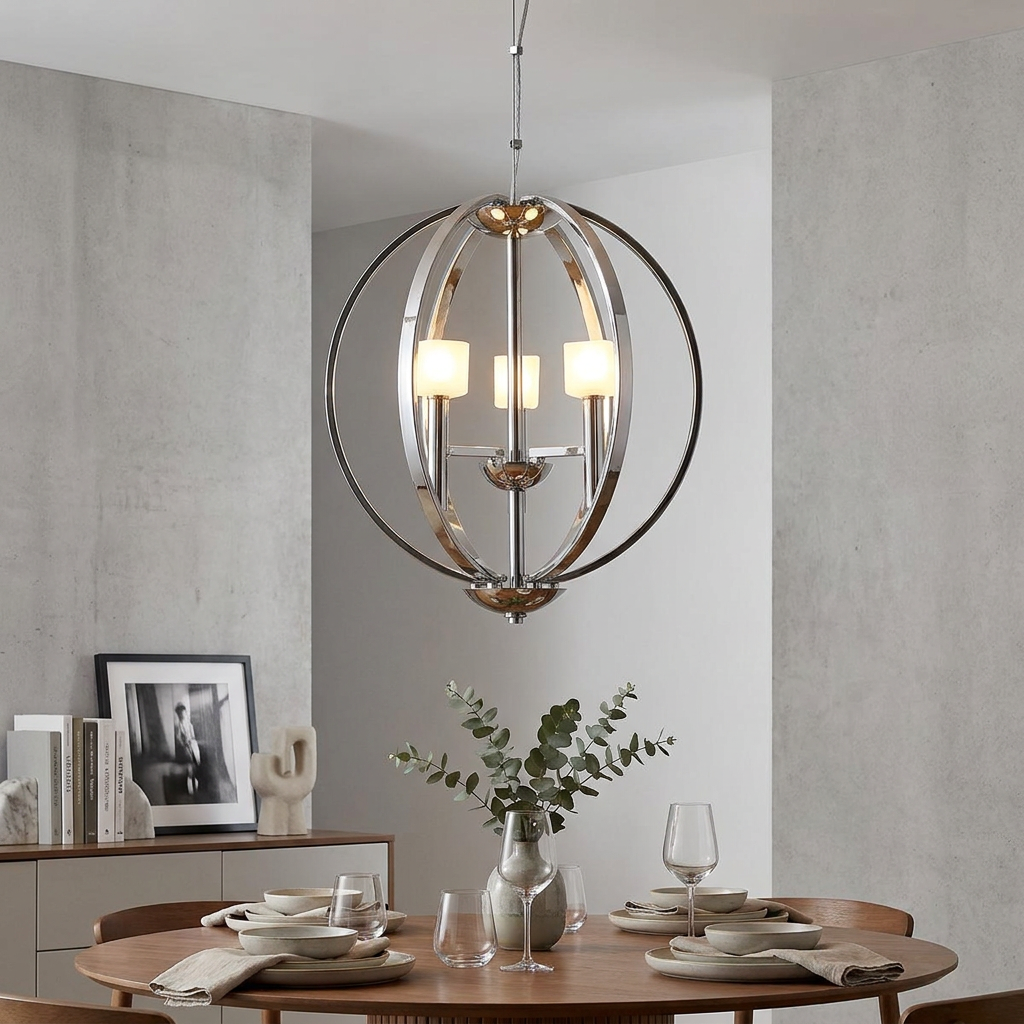 Mondo 3 Light Polished Nickel Art Deco Chandelier hanging above a set wooden dining table in a modern interior.