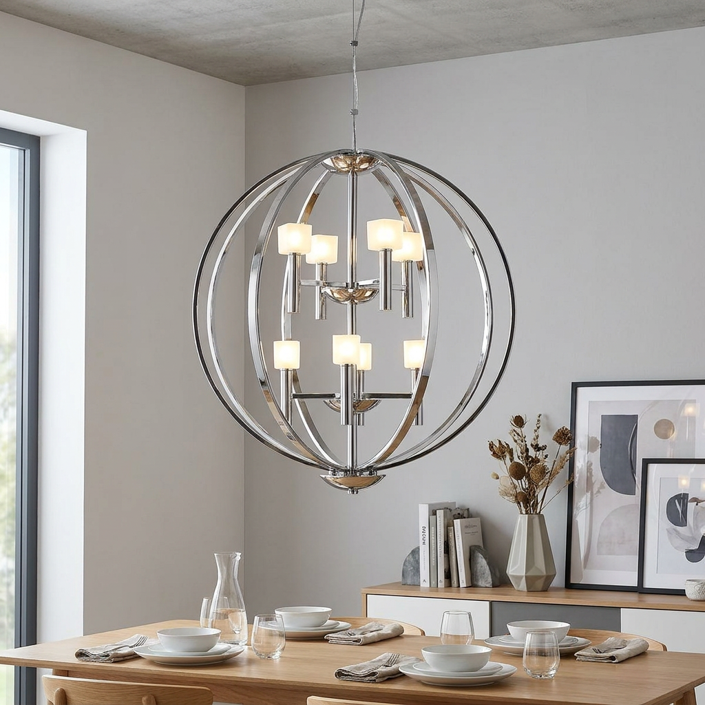 Mondo 8-light polished nickel Art Deco orb chandelier with square shades over a modern dining table.