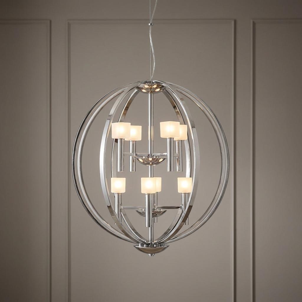 Mondo 8 light polished nickel art deco chandelier with a spherical cage frame and glowing white lamp shades.