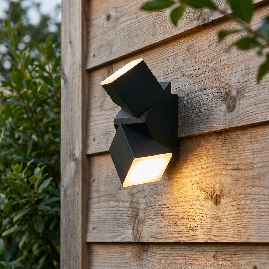Modern black dual-cube LED wall light with a warm glow mounted on a horizontal wooden plank wall.