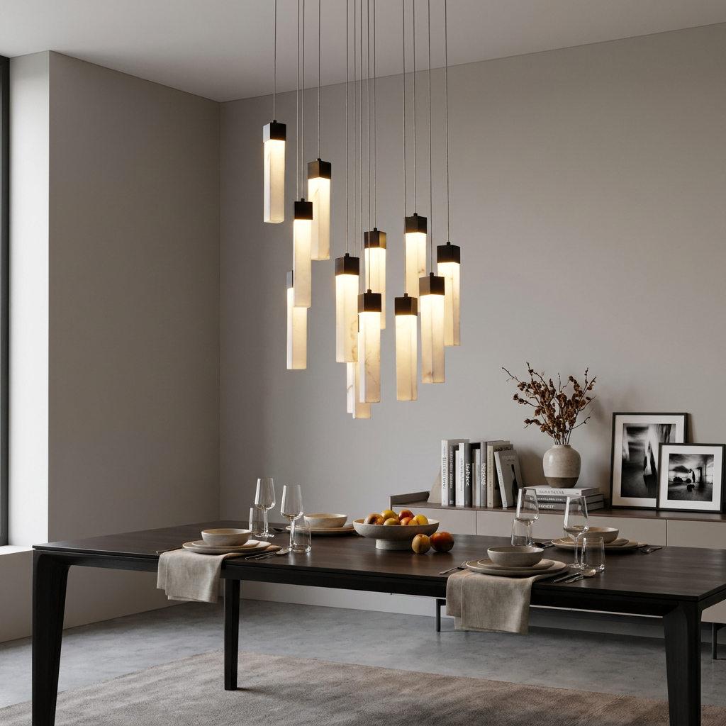 A cluster chandelier with rectangular glowing pendants hangs above a modern dining table set for a meal.