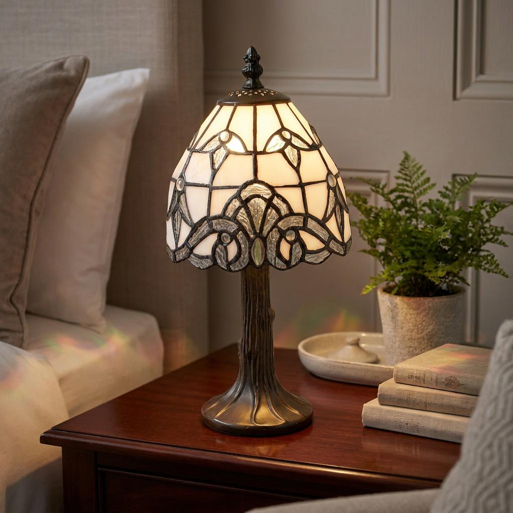 Morcott Tiffany bedside lamp with a white stained glass shade lit on a dark wooden bedside table.