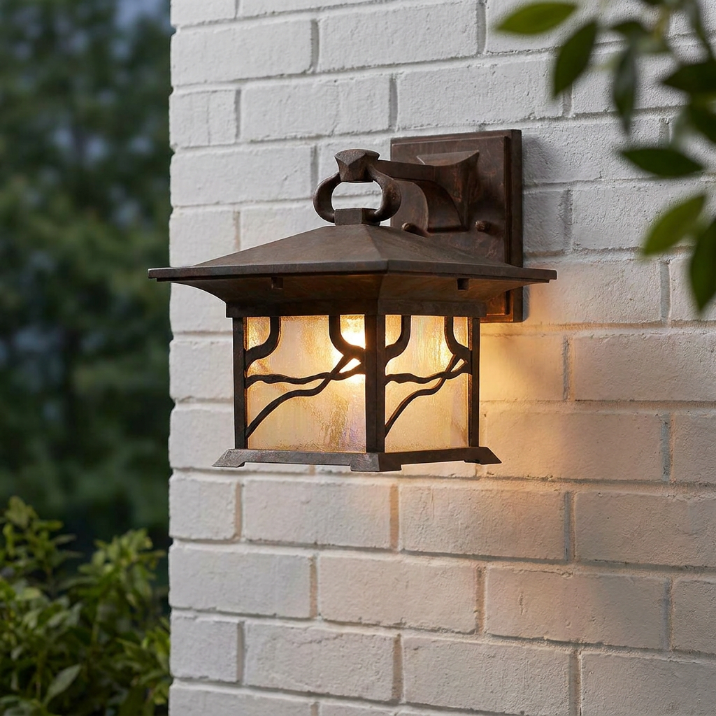 Mission-style copper wall lantern with tree-branch metalwork glowing on a white brick exterior.