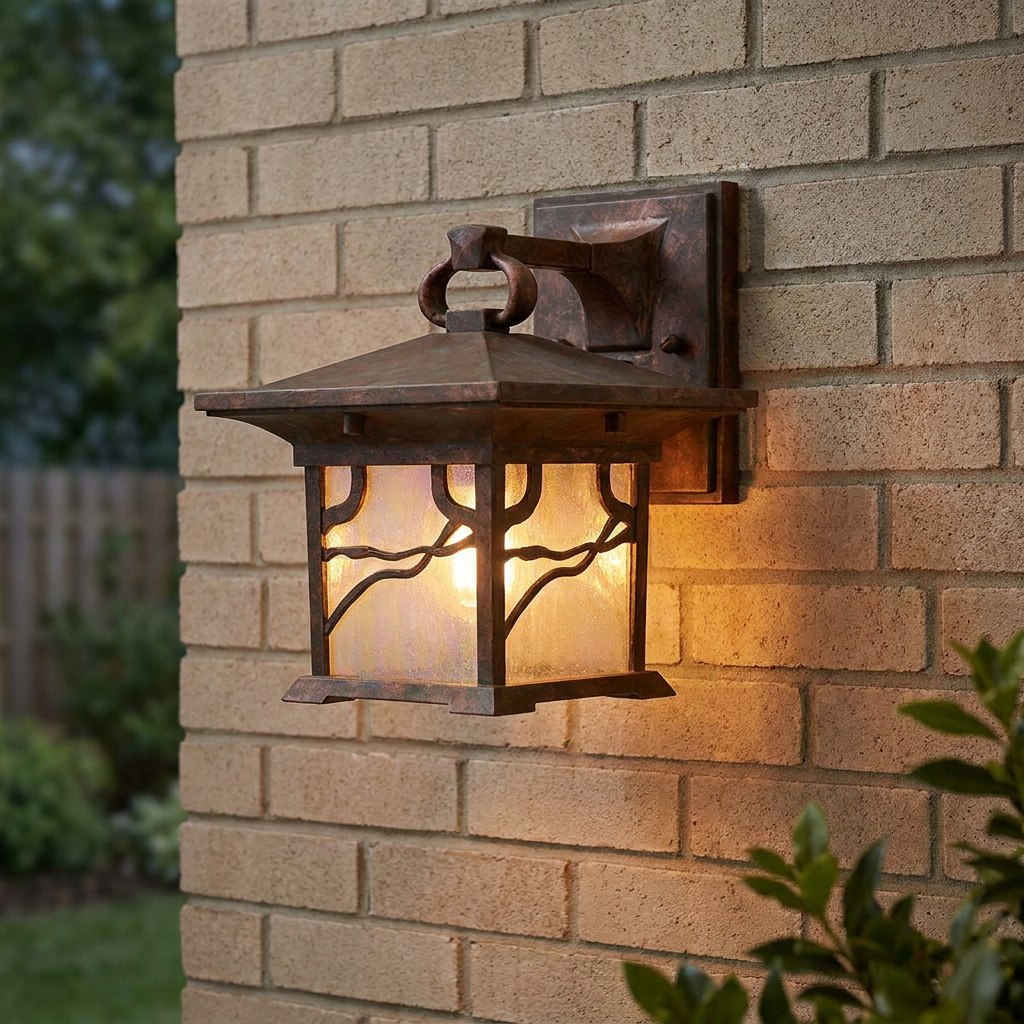 Morris copper outdoor wall lantern with a decorative branch design glowing on a light brick wall.