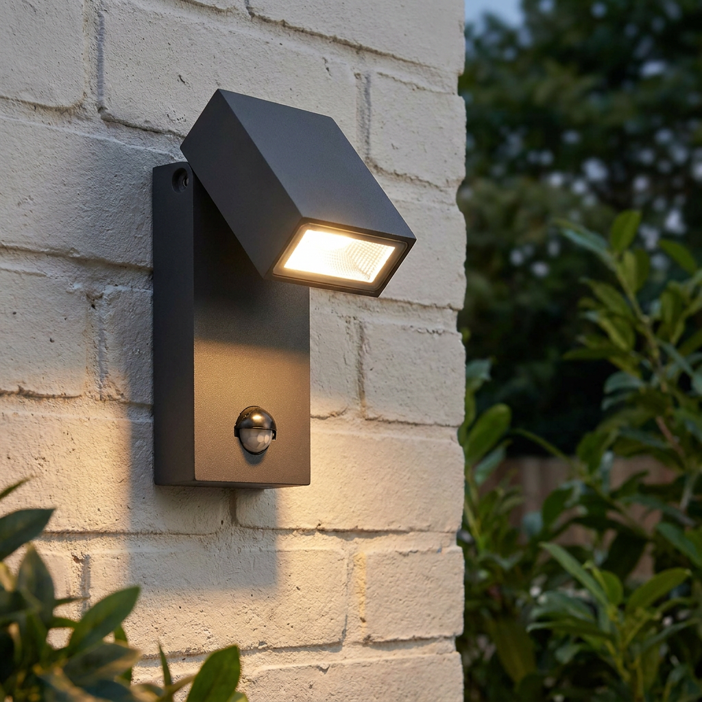 Dark grey outdoor wall light with PIR sensor and angled head, glowing on a white brick wall near green foliage.