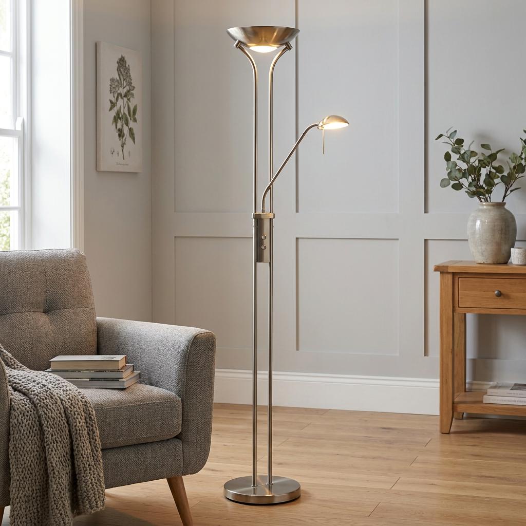Mother & Child antique chrome floor lamp with two glowing lights in a contemporary living room.
