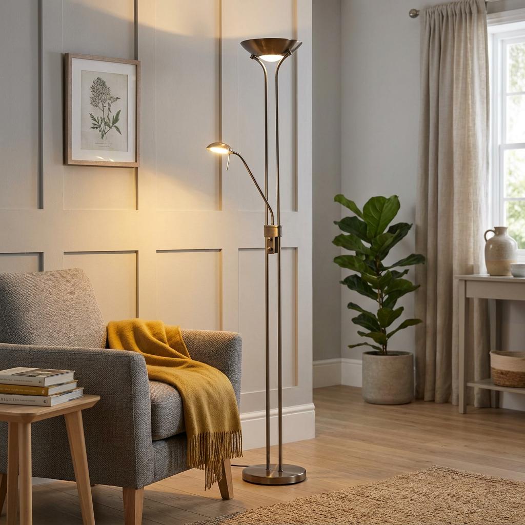 Mother and child brass floor lamp beside a grey armchair in a warmly lit, paneled living room.