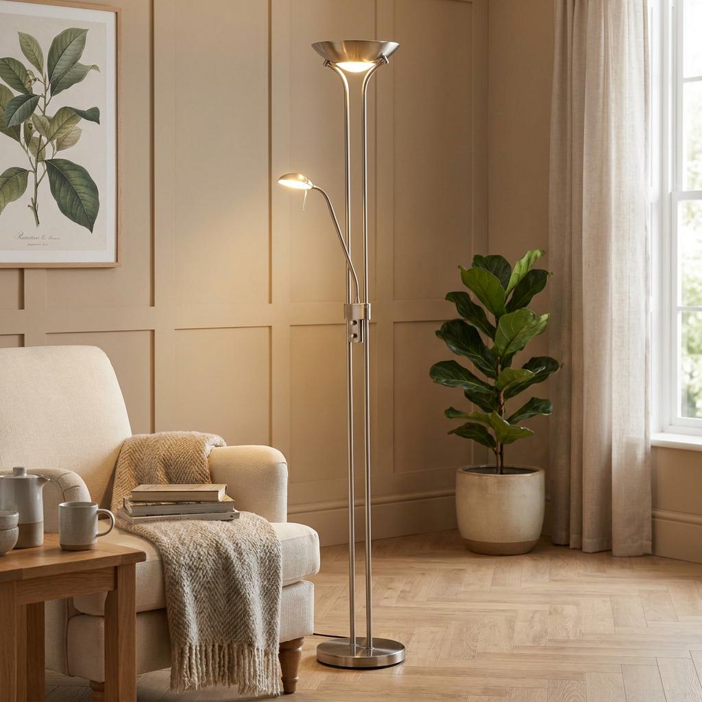 Satin silver mother and child LED floor lamp lighting a living room with a beige armchair and indoor plant.